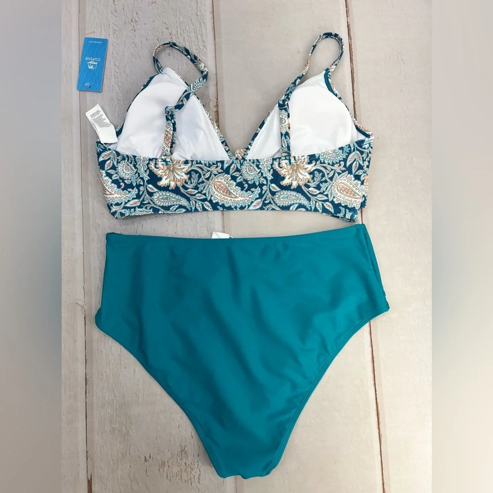 NWT High Waist Adjustable Strap Turquoise &‎ Orange Paisley Bikini SIZE LARGE